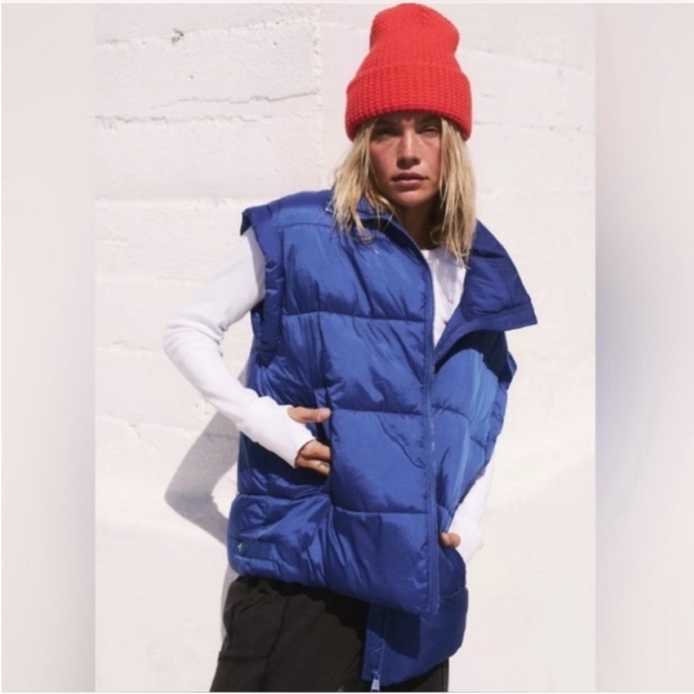 FP Movement by Free People Blue Puffer Vest with Red Beanie